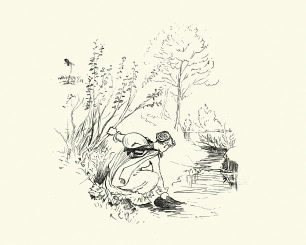 年轻女子从小溪中取水，复古插图图片下载