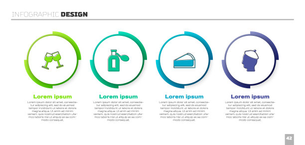 酒杯、香水、樱桃芝士蛋糕片、法式男士套装。业务信息图表模板。向量图片下载