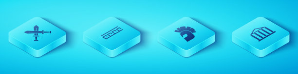 集等长交叉中世纪剑，古希腊图案，帕台农神庙和头盔图标。向量图片下载