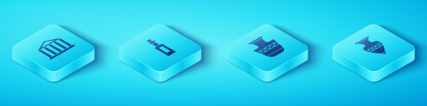 设置等距帕台农神庙，一瓶橄榄油，古代双耳罐和图标。向量图片下载