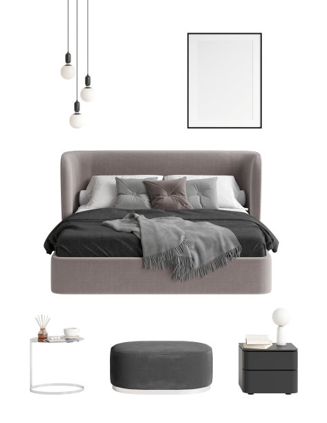 一套独立的卧室家具前视图。床与高床头板，格纹在深色床罩，枕头，吊坠，服务金属床头柜，灯在黑色床头柜，灰色椭圆形奥斯曼。图片下载