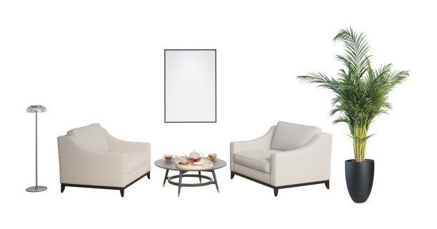 客厅一套典雅的家具。浅米色优雅的扶手椅，一张竖着的海报，上面是一张带茶具的深色圆木桌，一盏金属落地灯，一个黑色花盆里的大植物。图片下载