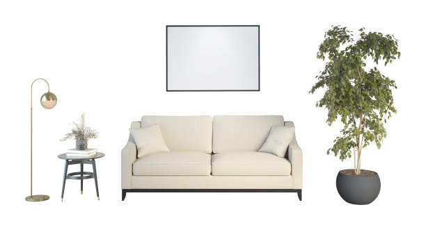 客厅里一套优雅的家具。一张带枕头的米色沙发，黑色圆木桌上花瓶里的干花，一盏金属落地灯，黑色花盆里的大植物。图片下载