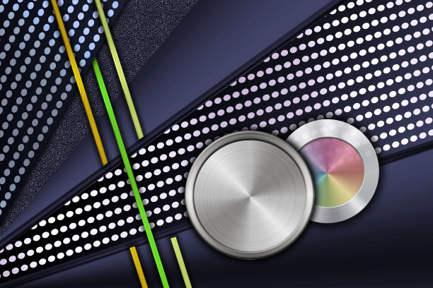 抽象的黑色背景与装饰线，银色圆圈和金属圆形按钮。图片下载