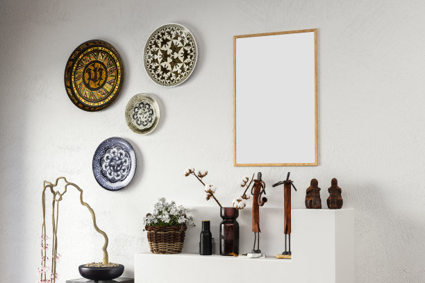 模拟海报框架在波西米亚室内背景与白墙，植物，3D渲染插图图片下载
