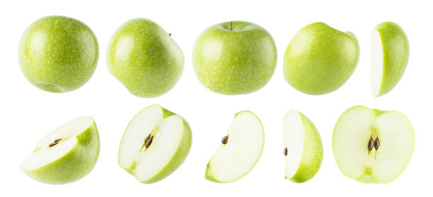 鲜绿的苹果丰富的收集，整个和半切，片尾，种子，不同的侧面隔离在白色的背景。夏季新鲜成熟的水果作为设计元素。图片下载