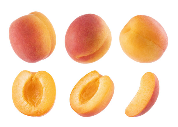 熟橙杏，粉红色一面，整颗，半切，切片，不同侧面，特写，细节，孤立在白色背景上。以夏季新鲜天然水果为设计元素。图片下载