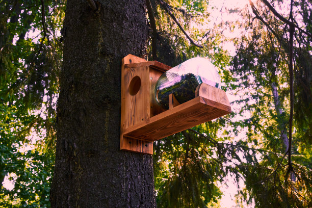 玻璃罐喂鸟器照片。照顾鸟的方法。动物的食物。DIY手工艺品。图片下载