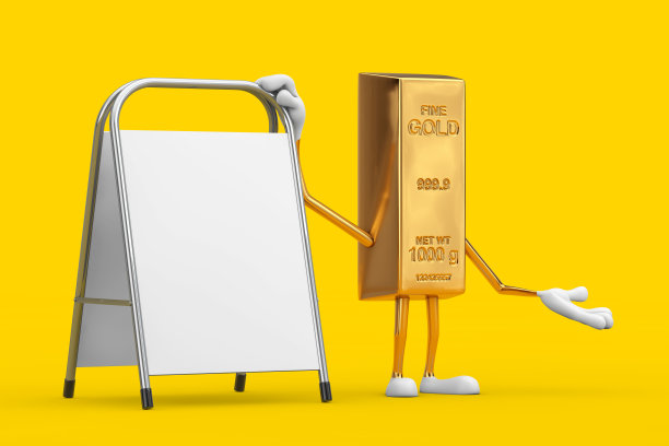 金条卡通人物吉祥物与白色空白广告推广站。3d渲染图片下载