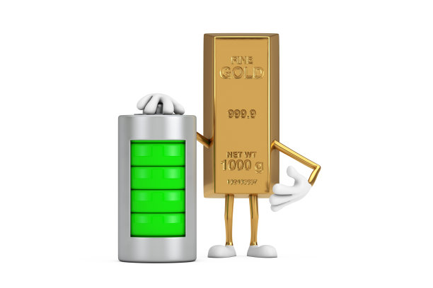 金条卡通人物吉祥物与抽象充电电池。3d渲染图片下载