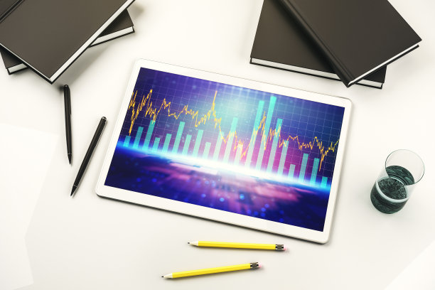 现代数码平板显示器上抽象创意财务图的俯视图，银行和会计概念。三维渲染图片下载