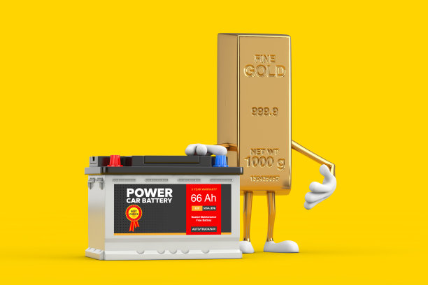 金条卡通人物吉祥物和可充电汽车电池12V蓄电池，带有抽象标签。3d渲染图片下载
