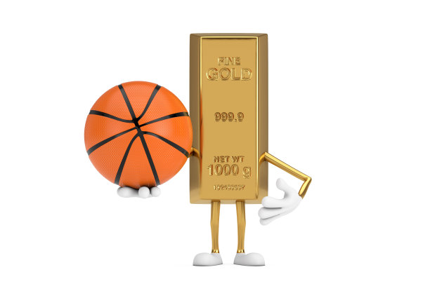 金条卡通人物吉祥物与篮球。3d渲染图片下载