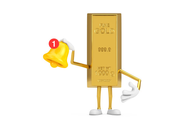 金条卡通人物吉祥物在卡通社交媒体通知钟和新消息图标。3d渲染图片下载