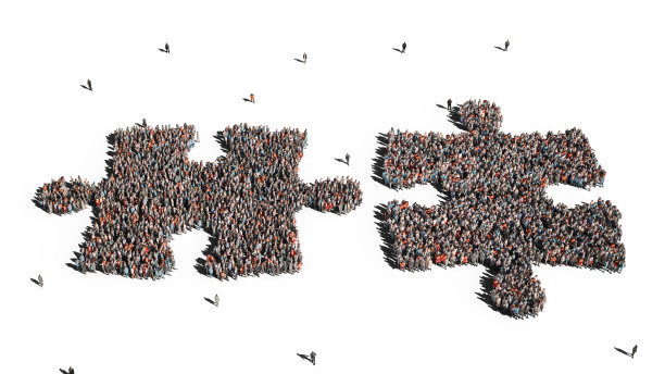 3d渲染:很多人以拼图的形式聚集在一起。图片下载