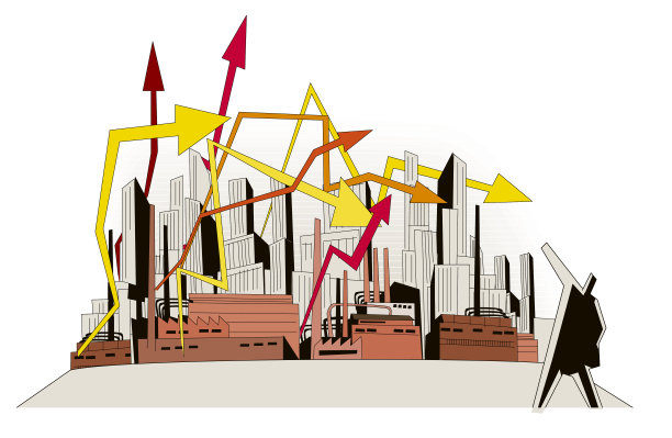 箭头图形在工厂和建筑物上方上下起伏图片下载