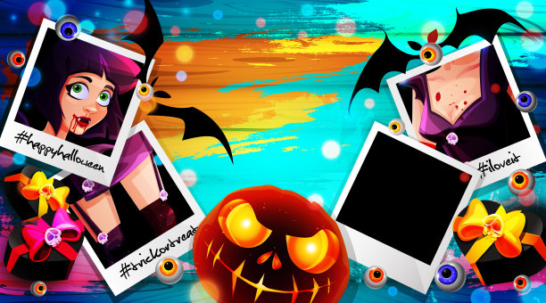 卡通风格的万圣节概念。即时打印照片与年轻美丽的吸血鬼女孩在抽象的垃圾木背景与幽灵南瓜和蝙蝠。创意时尚的模板与复制空间。图片下载