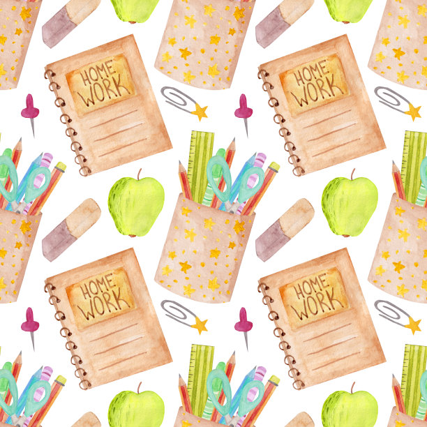 明亮的水彩图案，学校用品，作业笔记本，橡皮，回形针，文具架，白底绿苹果。图片下载