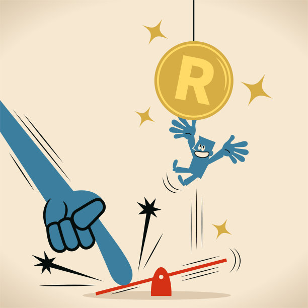 大手帮助一个商人用跷跷板跳向悬挂在天空中的南非兰特货币图片下载