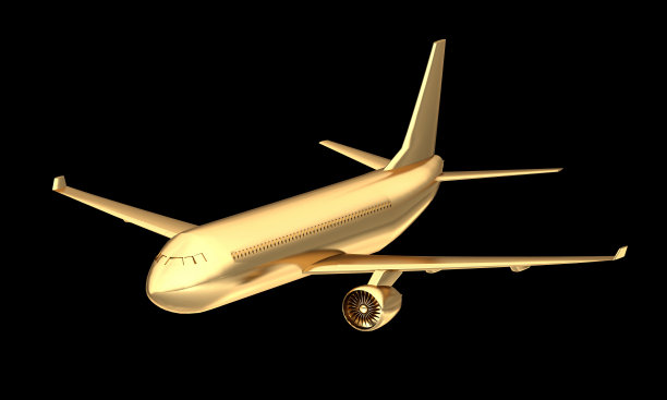 金色的飞机被孤立在黑色的背景上。3 d渲染。图片下载