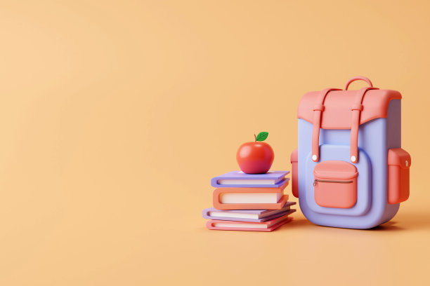 苹果在堆栈书，包和闹钟。回到学校。3d渲染。图片下载