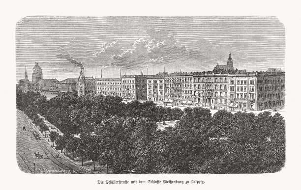 德国萨克森莱比锡的历史观，木刻，1893年出版图片下载