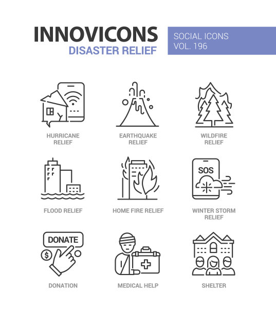 自然灾害救济线设计风格图标集图片下载