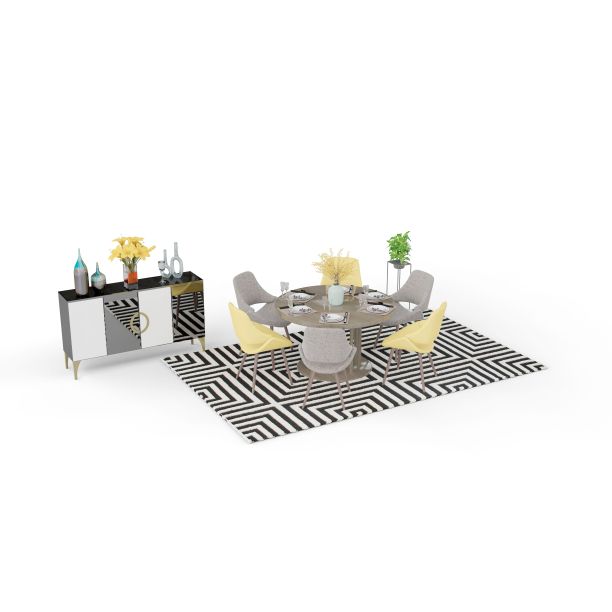 3D渲染现代时尚的生活空间，带有椅子环绕的现代餐桌图片下载