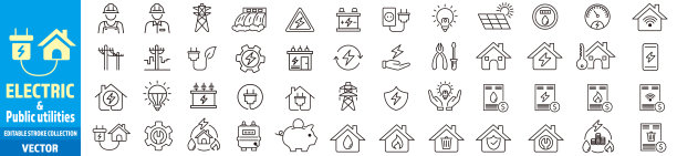 电力公用事业电力燃气水加热图标矢量插图可编辑笔画。图片下载