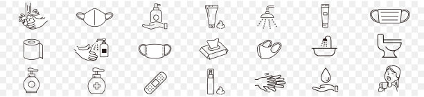 清洁卫生洗手浴面罩淋浴可编辑的图标集收集矢量插图图片下载