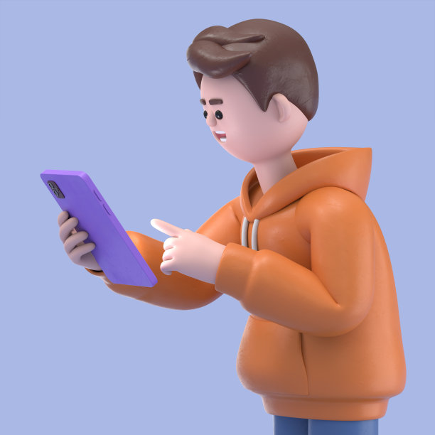 微笑的男性卡迪尔使用智能手机的3D插图。蓝色背景的3D渲染。图片下载