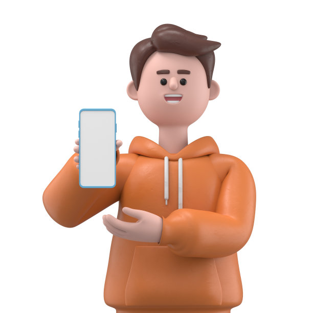 3D插图，微笑的男性卡迪尔拿着智能手机，显示空白屏幕。可爱的卡通微笑自信示范空显示手机。白色背景的3D渲染。图片下载