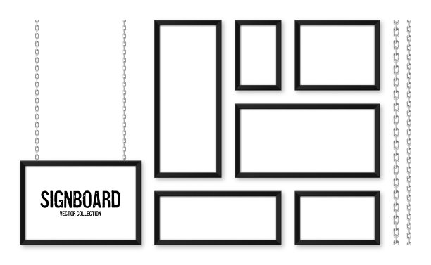 黑色的招牌挂在一条金属链上。餐厅菜单板。现代海报模型。空白照片或相框。广告或展示板。街头标语。矢量图图片下载