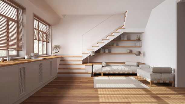 白色和米色的木制厨房和客厅。橱柜配有电器，沙发，最小的楼梯和全景窗户。镶木地板，斯堪的纳维亚室内设计图片下载