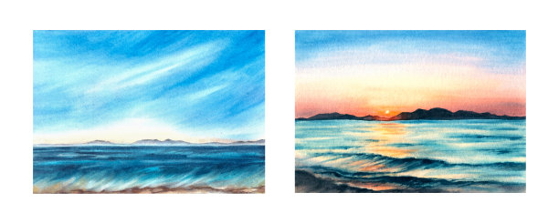 浪漫的水彩风景插画集。彩色日落和日出在海上手绘背景图片下载