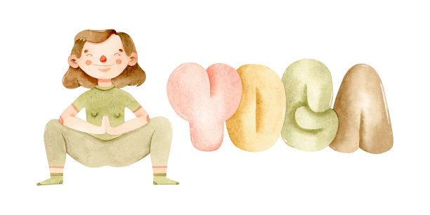 花环姿势瑜伽女孩水彩插图。彩色字体图片下载