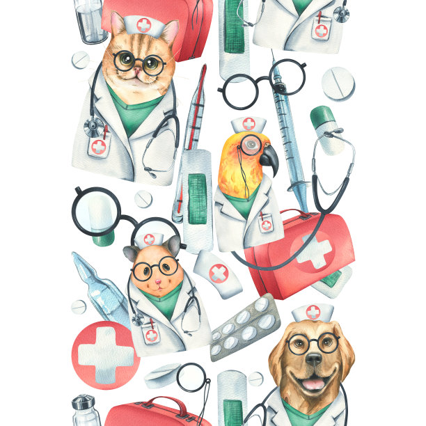 狗，猫，仓鼠，鹦鹉医生穿着晨衣，戴着眼镜，带着听诊器，一个手提箱和医疗器械。水彩插图手绘。白色背景上的无缝边界。图片下载
