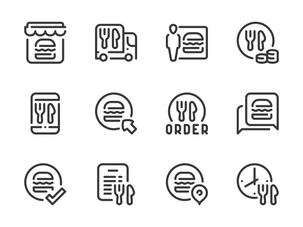 食品配送，外卖和在线订餐矢量线图标。图片下载