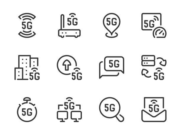 5G通信技术和无线网络矢量线图标。图片下载