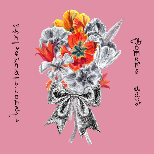 明信片上的郁金香花束和蝴蝶结图片下载