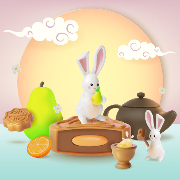 3d中秋快乐概念背景卡通风格。向量图片下载