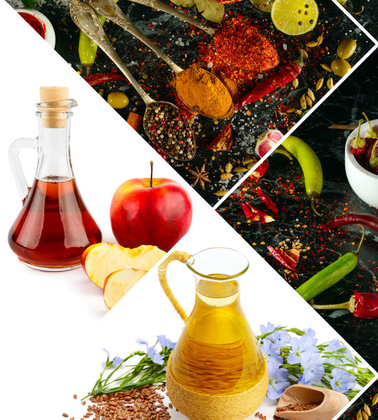 一套香料、油和调味料。拼贴画。图片下载