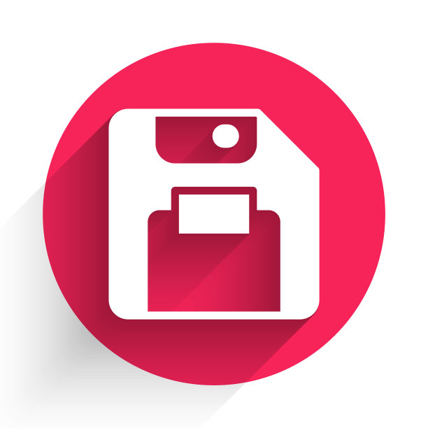 白色软盘用于计算机数据存储图标与长阴影背景隔离。软盘的迹象。红色圆圈按钮。向量图片下载