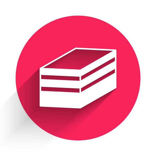 白色的一块蛋糕图标孤立的长阴影背景。生日快乐。红色圆圈按钮。向量图片下载