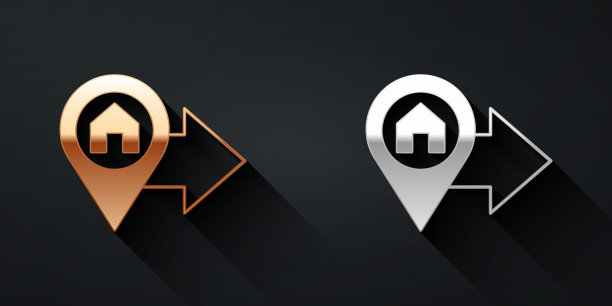 黄金和白银地图指针与房子图标孤立的黑色背景。主位置标记符号。长影式。向量图片下载