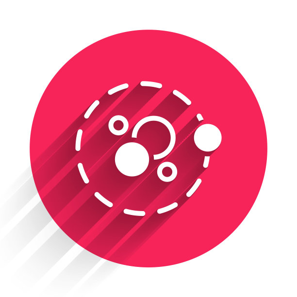 白色原子图标孤立与长阴影背景。象征科学、教育、核物理、科学研究。红色圆圈按钮。向量图片下载