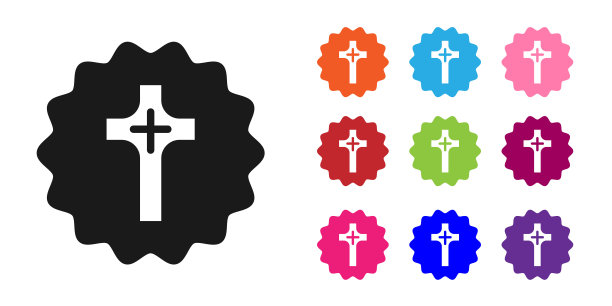 黑色基督教十字图标孤立在白色背景。教堂的十字架。设置图标彩色。向量图片下载