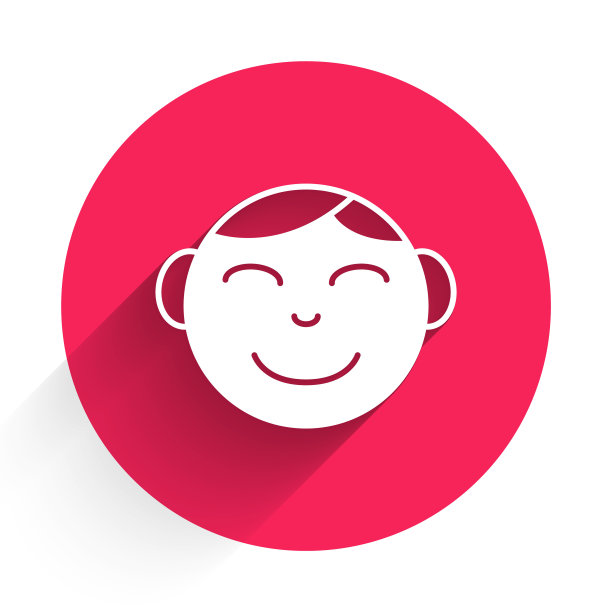 白色快乐的小男孩头部图标与长阴影背景隔离。婴儿的脸。红色圆圈按钮。向量图片下载