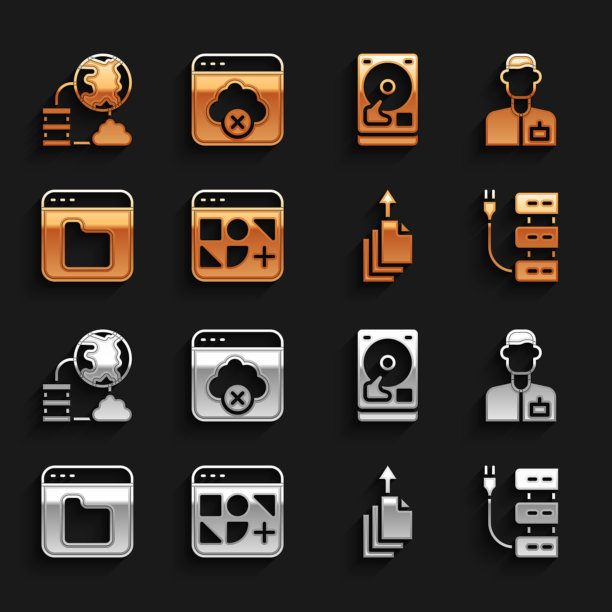 设置不同的文件，分析工程师，服务器，数据导出，浏览器，硬盘驱动器HDD，网络云连接和访问失败存储图标。向量图片下载