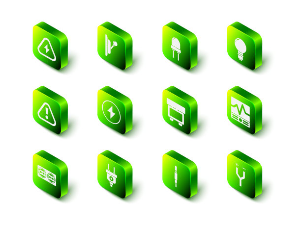 设置电气面板，发光二极管，灯泡与概念的想法，测量仪器，电缆，保险丝，音频插孔和插头图标。向量图片下载